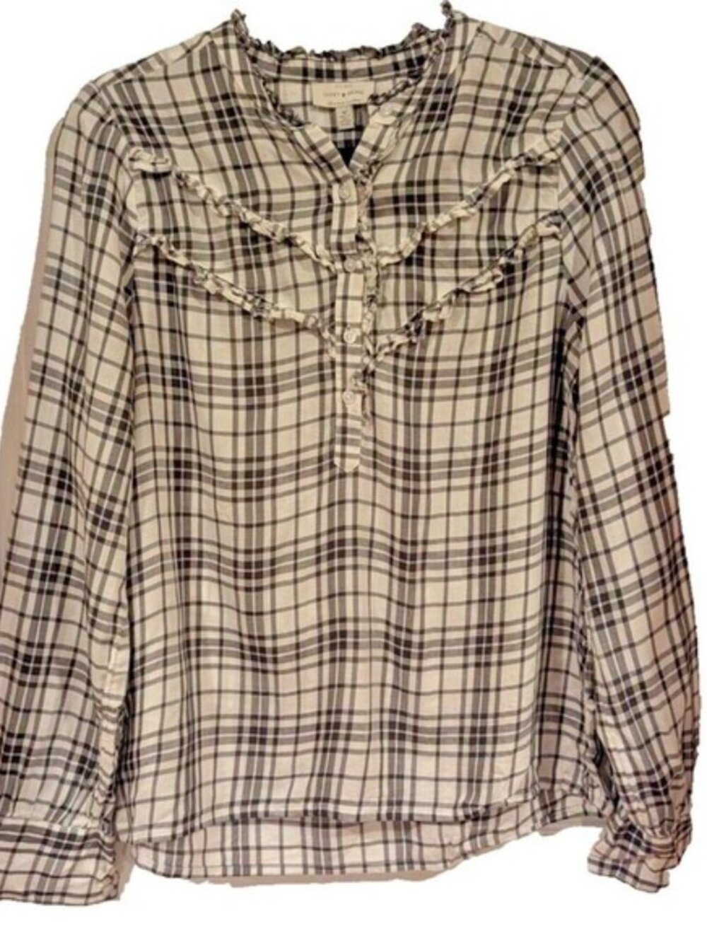 Lucky Brand Womens Black White Plaid Ruffle Trim Viscose Blouse Medium 7W45419